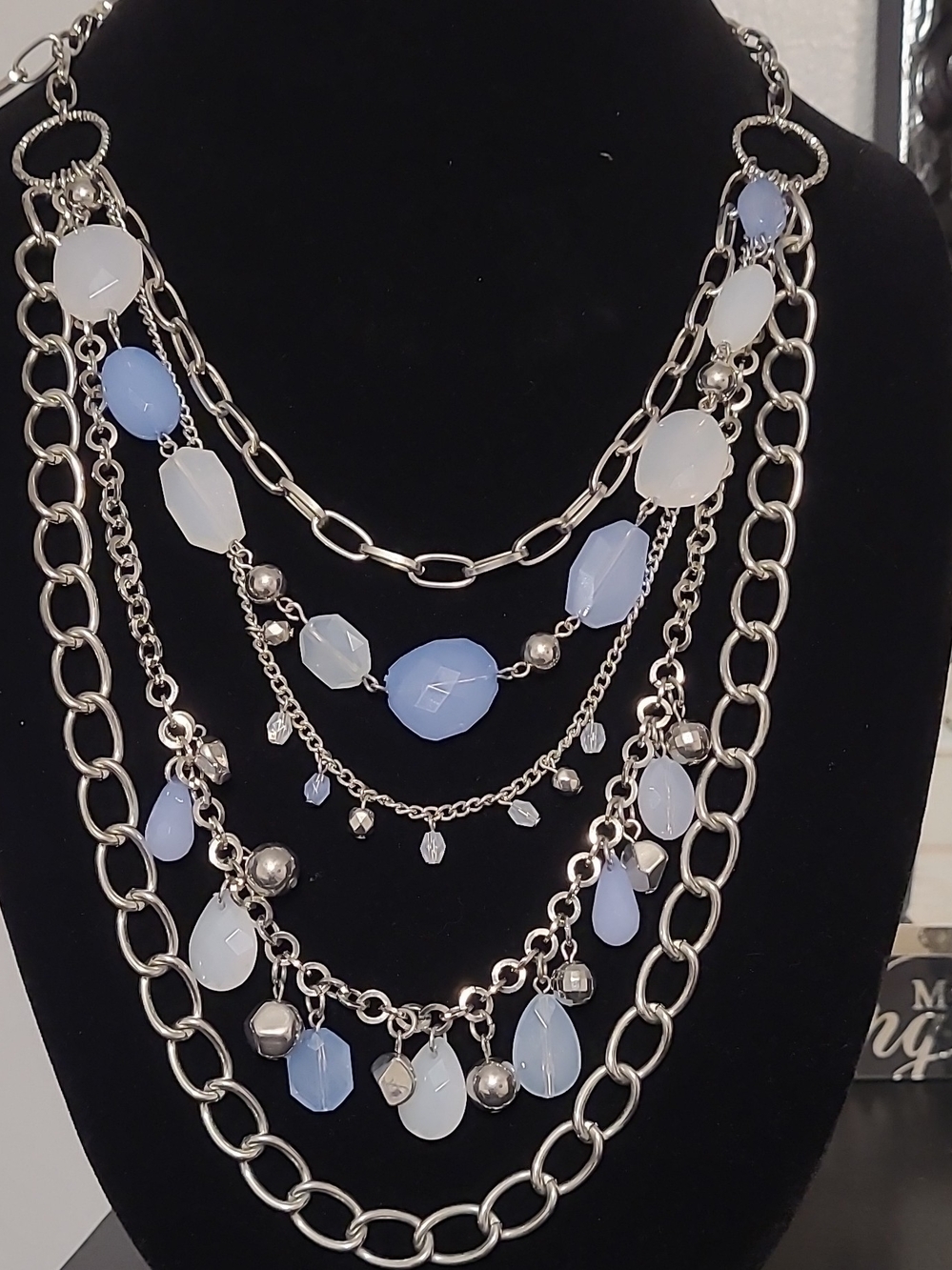 Layered Silver Chain Necklace with Blue and White Beads